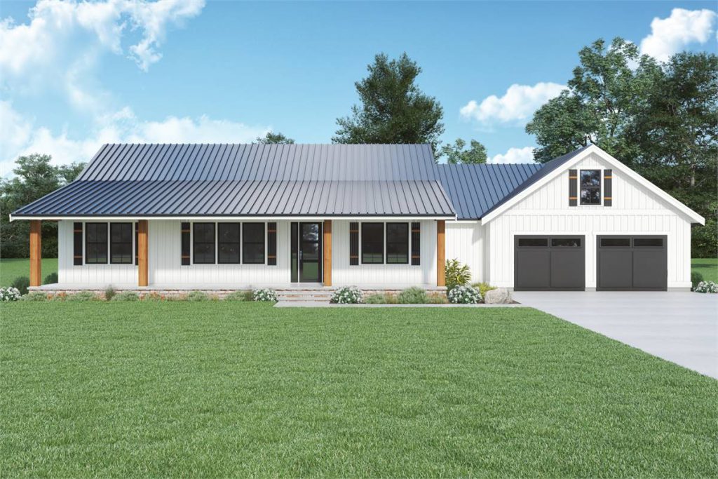 a barndominium country house plan with totally open living